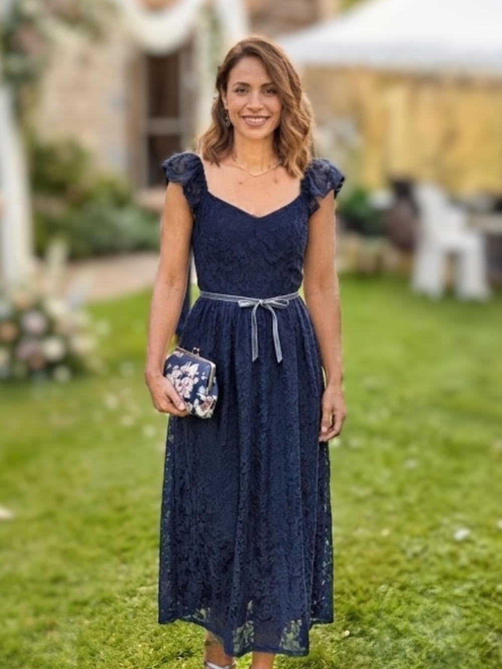 Lace Cap-Sleeve Navy Maxi Dress with Waist Tie